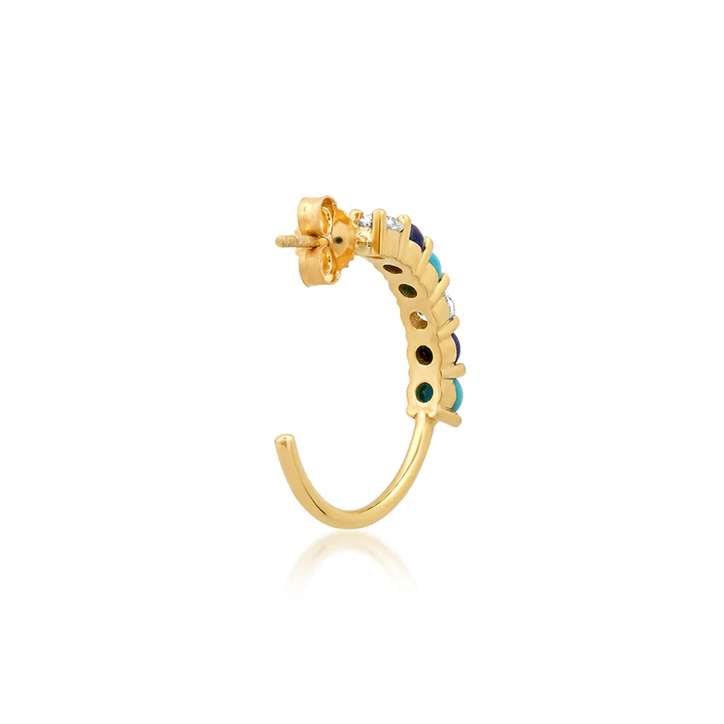 Small 4-Prong Diamond Lapis and Turquoise Hoops - Image 3