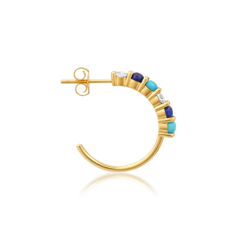 Small 4-Prong Diamond Lapis and Turquoise Hoops - Image 4