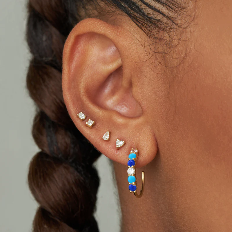 Small 4-Prong Diamond Lapis and Turquoise Hoops - Image 5