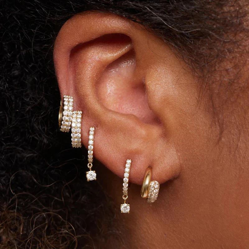 Small Diamond Huggies with 4-Prong Set Diamond Drop - Image 5