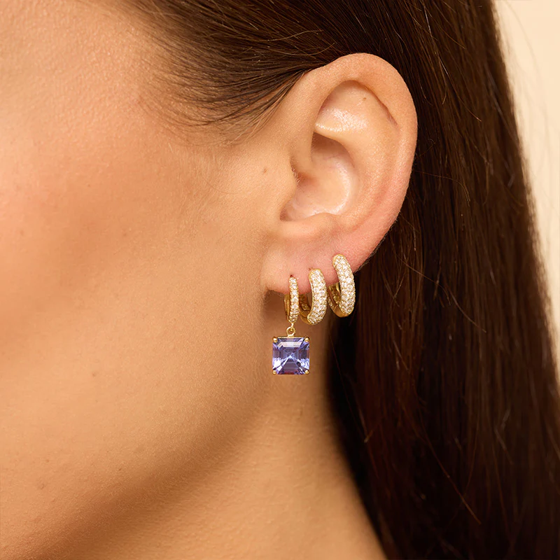 Small Diamond Huggies with Princess Cut Tanzanite Drop - Image 5
