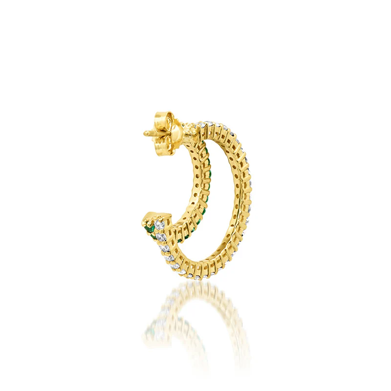 Small Double 4-Prong Diamond and Emerald Hoops - Image 4