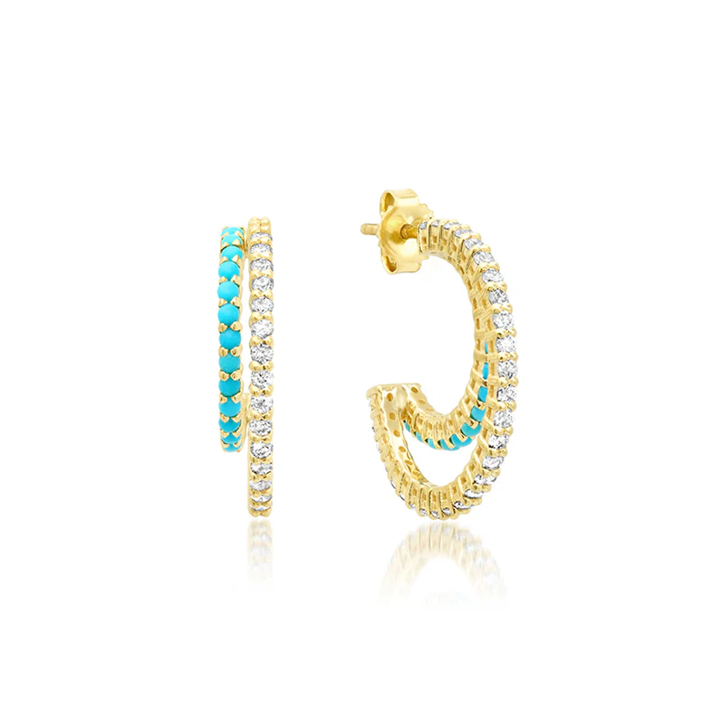 Small Double 4-Prong Diamond and Turquoise Hoops - Image 2