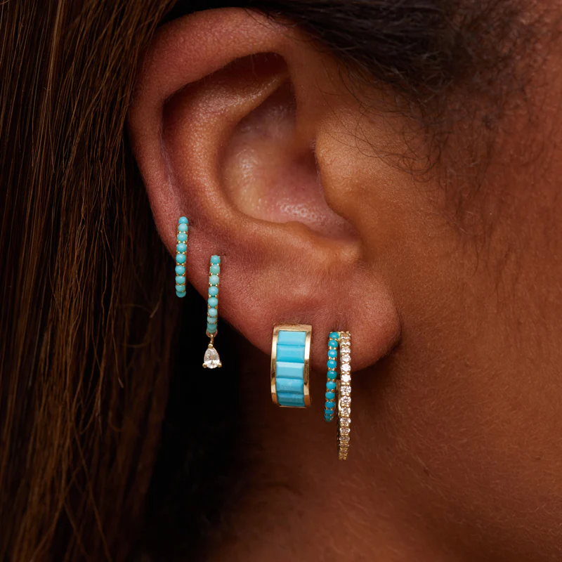 Small Double 4-Prong Diamond and Turquoise Hoops - Image 5