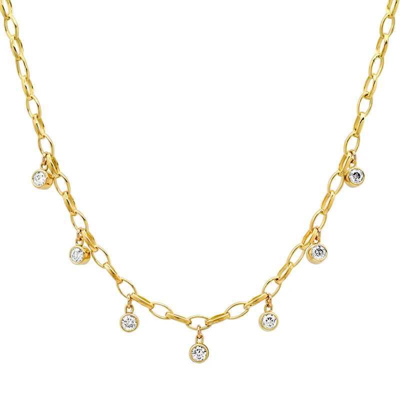 Small Edith Link Necklace with 7 Diamond Bezel Dangle