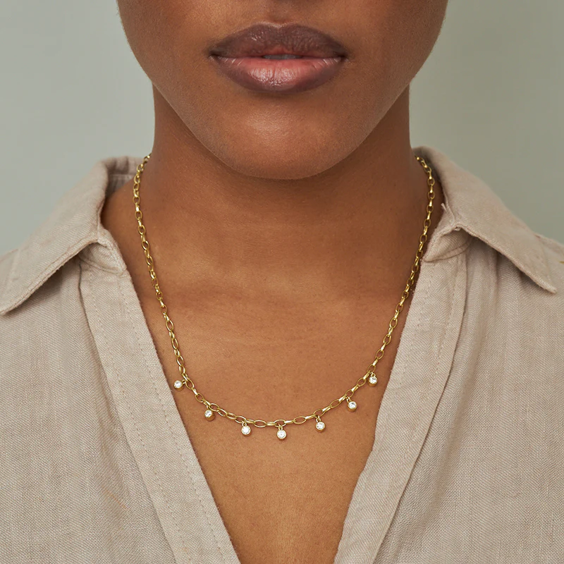 Small Edith Link Necklace with 7 Diamond Bezel Dangle - Image 5