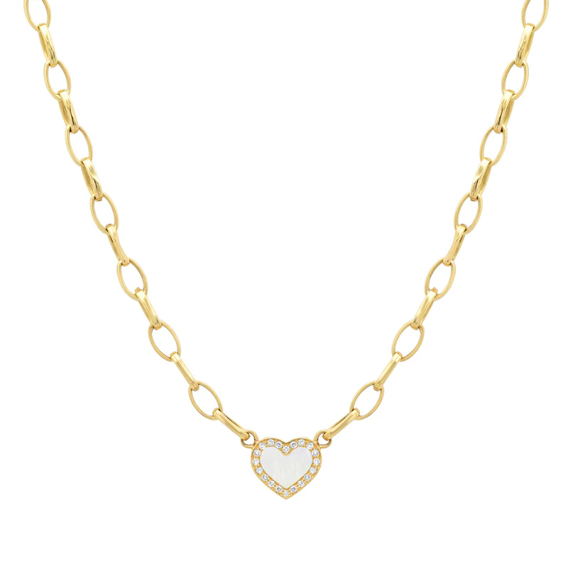 Small Edith Link Necklace with Mother of Pearl Inlay Heart with Diamonds