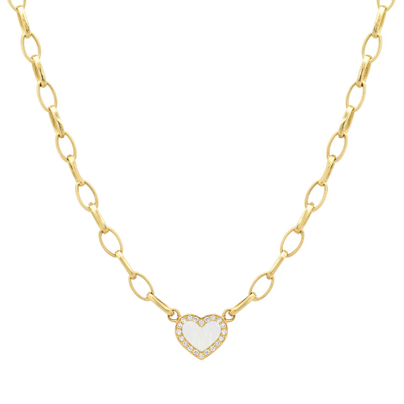 Small Edith Link Necklace with Mother of Pearl Inlay Heart with Diamonds - Image 3