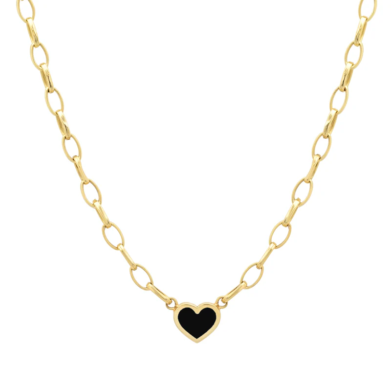 Small Edith Link Necklace with Onyx Inlay Heart