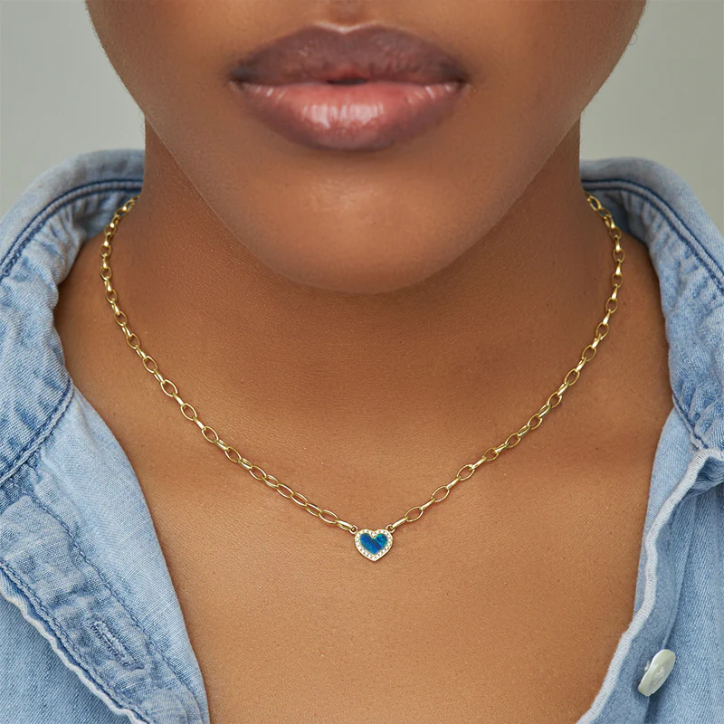 Small Edith Link Necklace with Opal Inlay Heart with Diamonds - Image 2