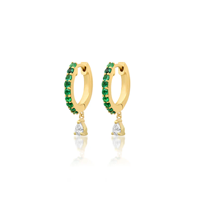 Emerald Huggies With Pear-Cut Diamond Drop