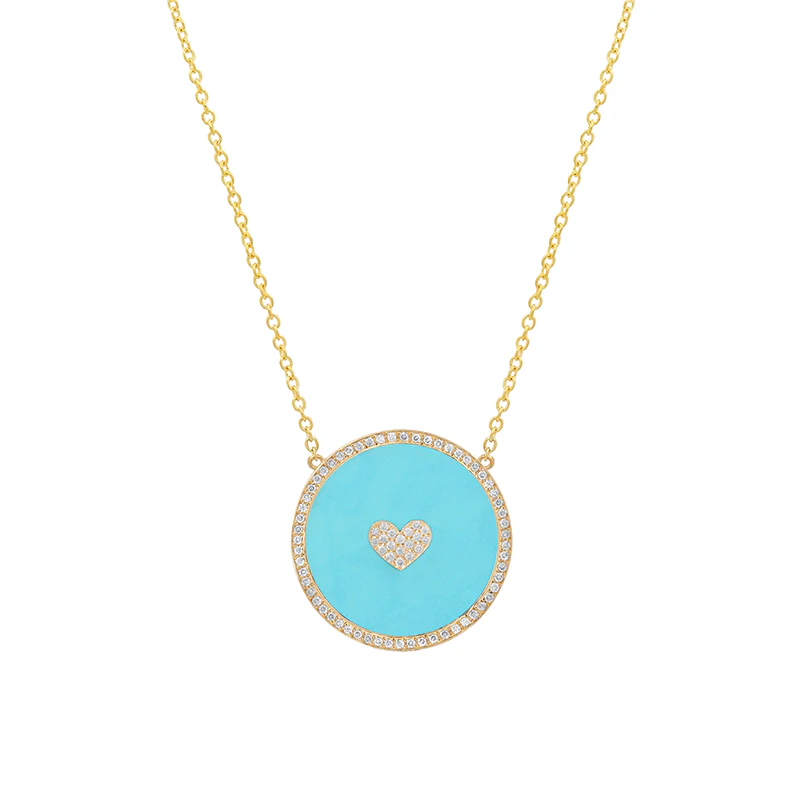 Small Turquoise Inlay Circle Necklace with Diamond and Heart Detail