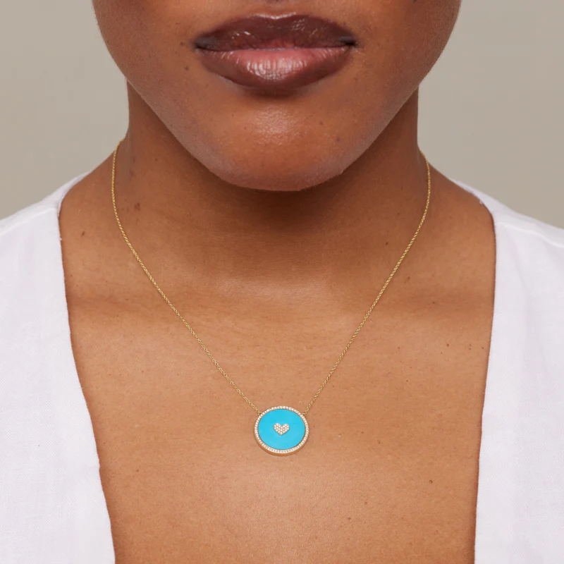 Small Turquoise Inlay Circle Necklace with Diamond and Heart Detail - Image 4