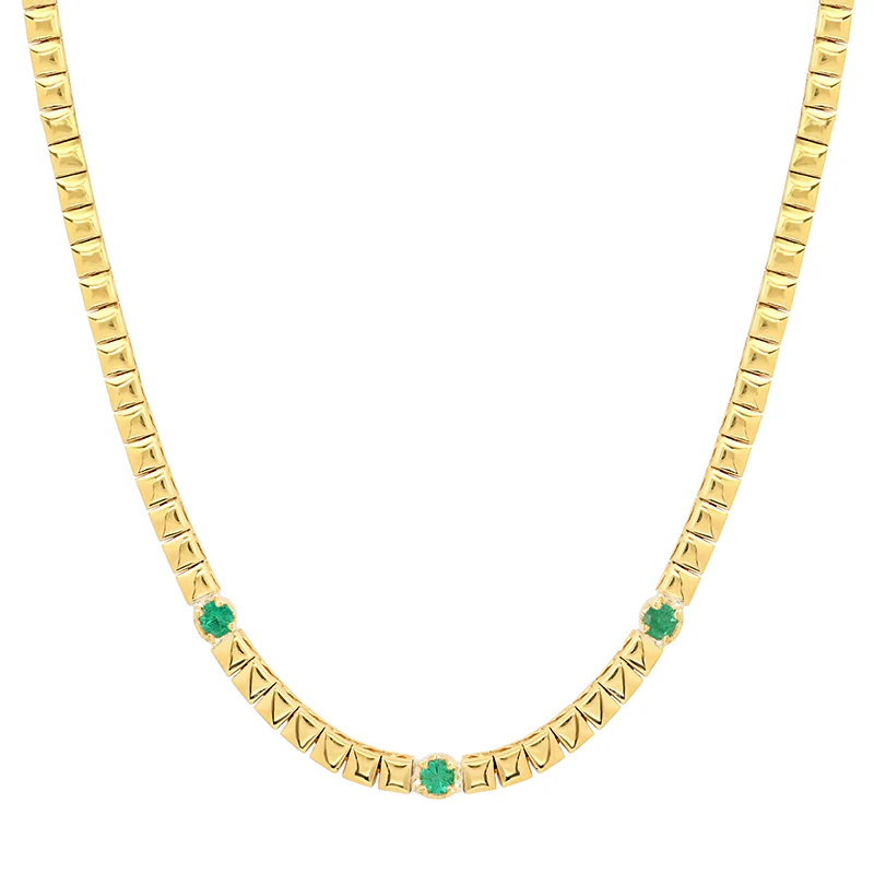 Square Tennis Necklace with 3 Illusion Set Emerald Accents