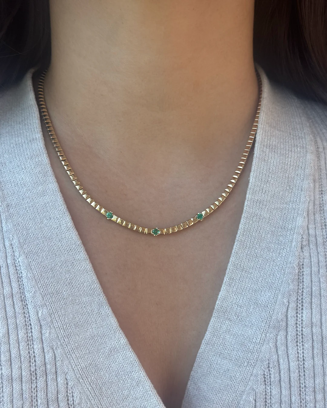 Square Tennis Necklace with 3 Illusion Set Emerald Accents - Image 5