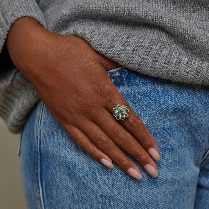 Statement Aquamarine Flower Ring with Diamond Accent - Image 5