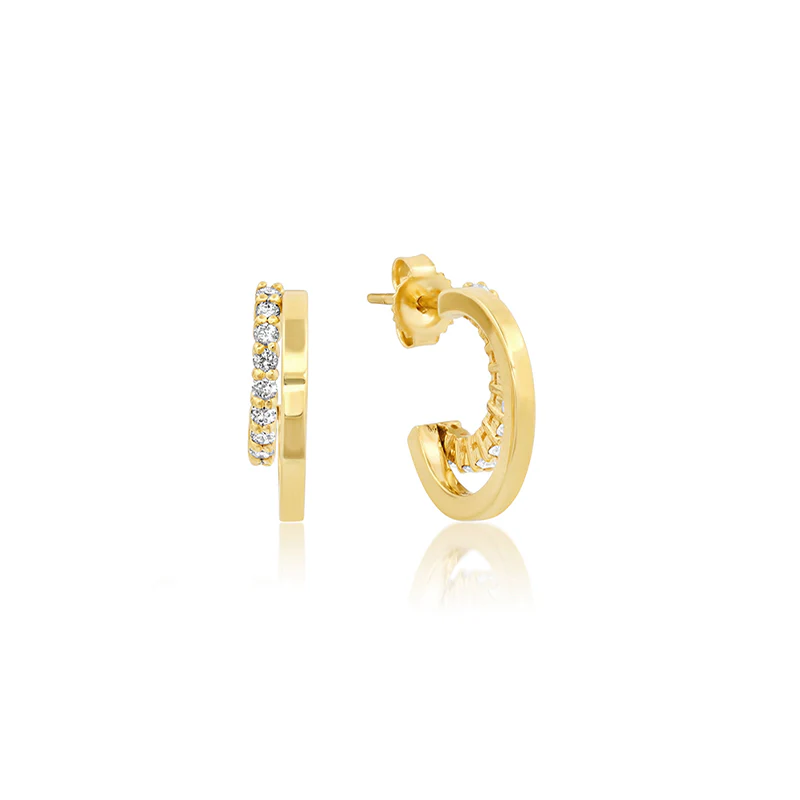 Mini Double Hoops with 4-Prong Diamond Accent - Image 2
