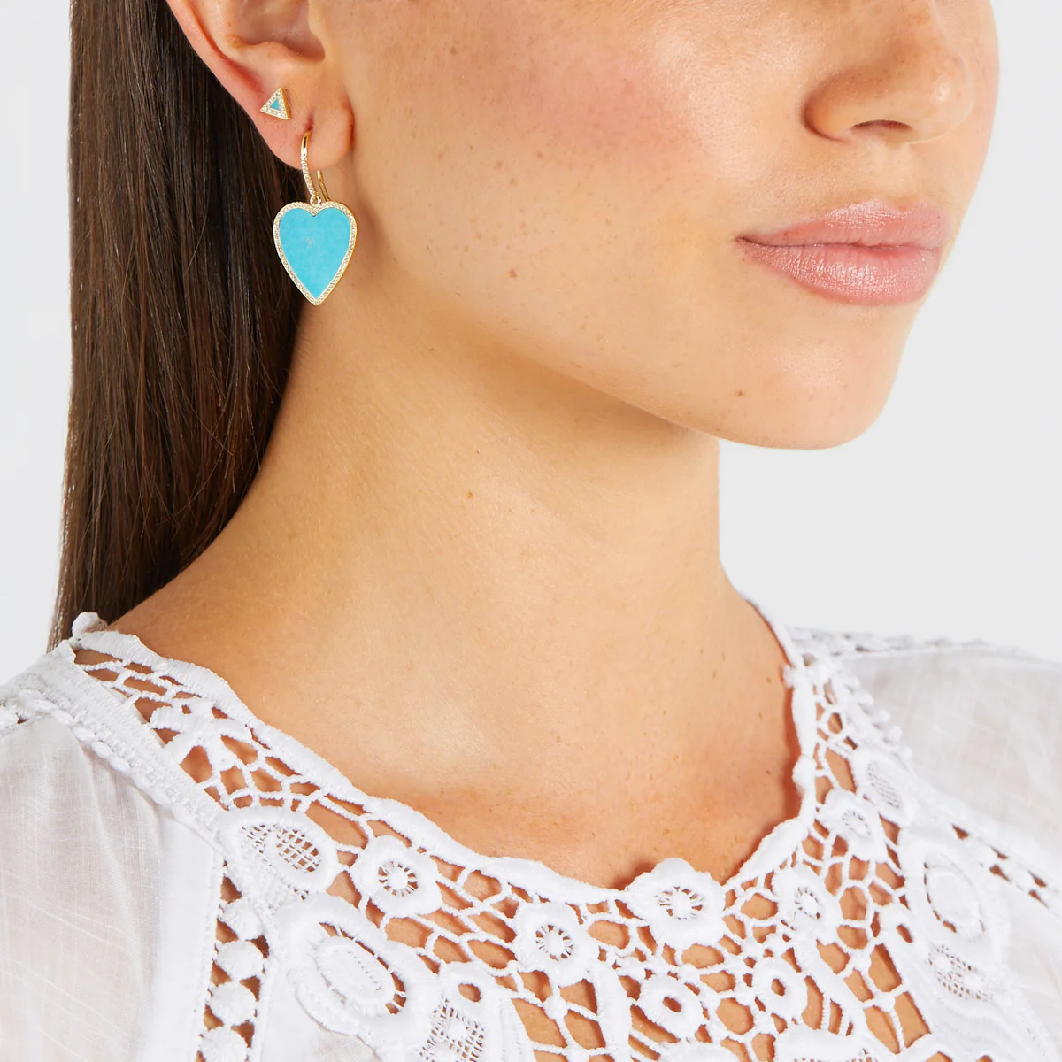 Turquoise Inlay Heart Drop Earrings with Diamonds - Image 4