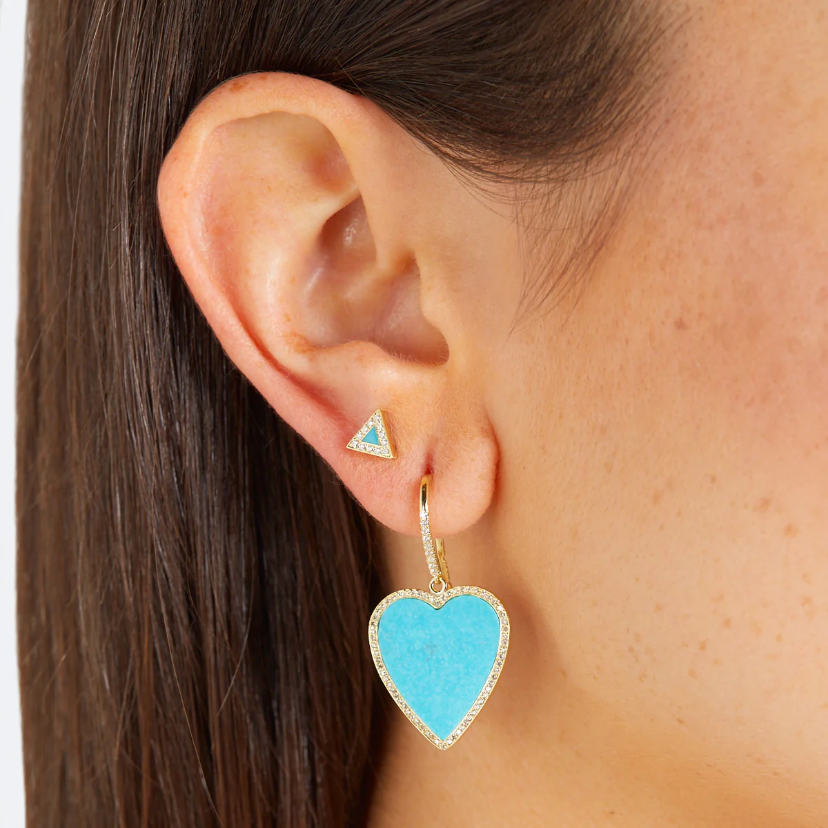 Turquoise Inlay Heart Drop Earrings with Diamonds - Image 5