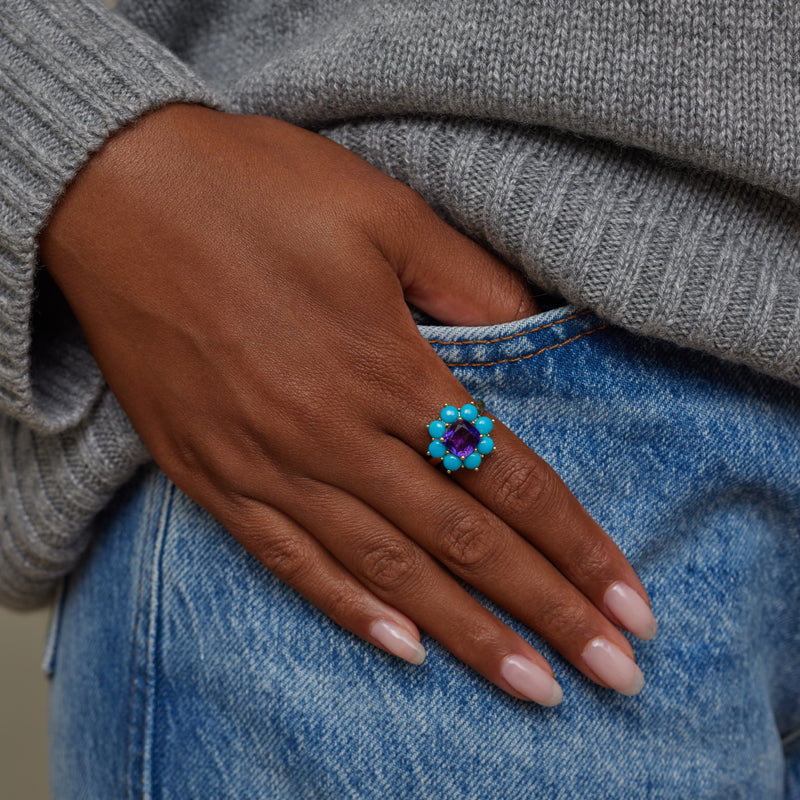 Statement Turquoise Flower Ring with Amethyst Center - Image 5